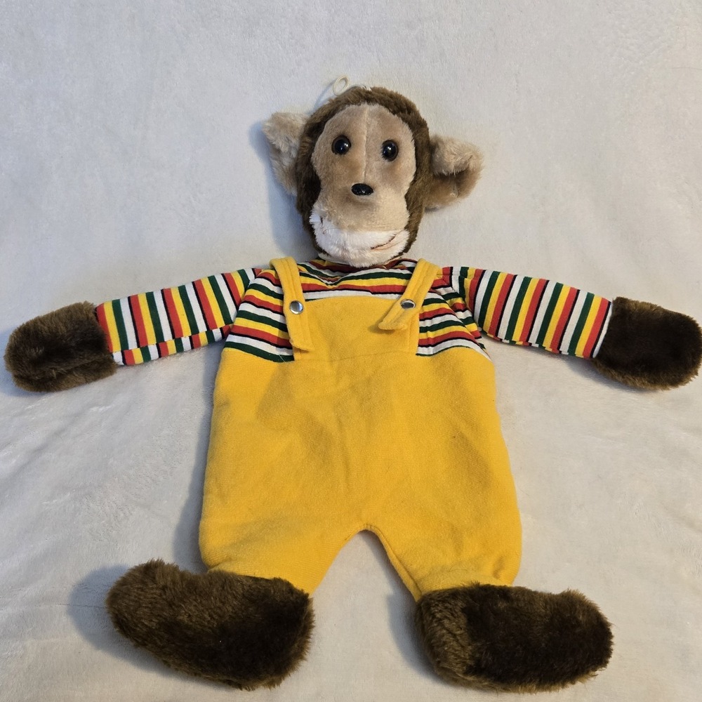 Vintage Interpur Plush Monkey Pajama Bag Yellow Overalls Striped Shirt Zip Back